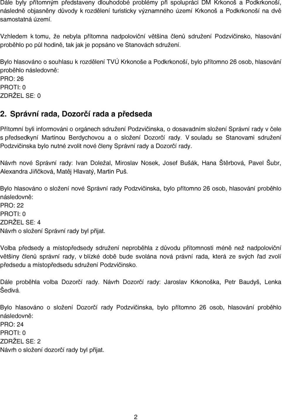 Bylo hlasováno o souhlasu k rozdělení TVÚ Krkonoše a Podkrkonoší, bylo přítomno 26 osob, hlasování proběhlo následovně: PRO: 26 PROTI: 0 ZDRŽEL SE: 0 2.