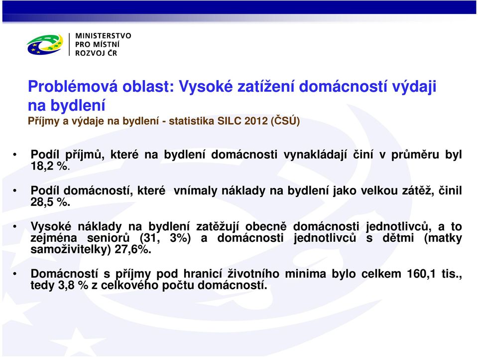 Podíl domácností, které vnímaly náklady na bydlení jako velkou zátěž, činil 28,5 %.