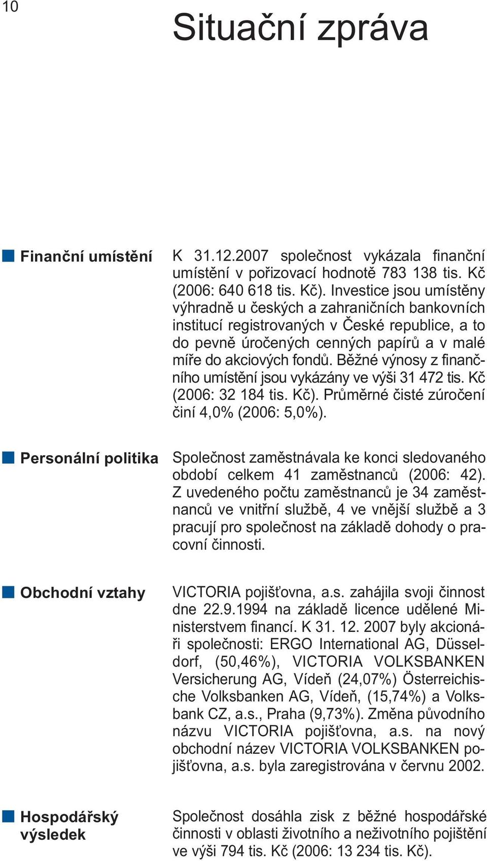 Běžné výnosy z finančního umístění jsou vykázány ve výši 31 472 tis. Kč (26: 32 184 tis. Kč). Průměrné čisté zúročení činí 4,% (26: 5,%).