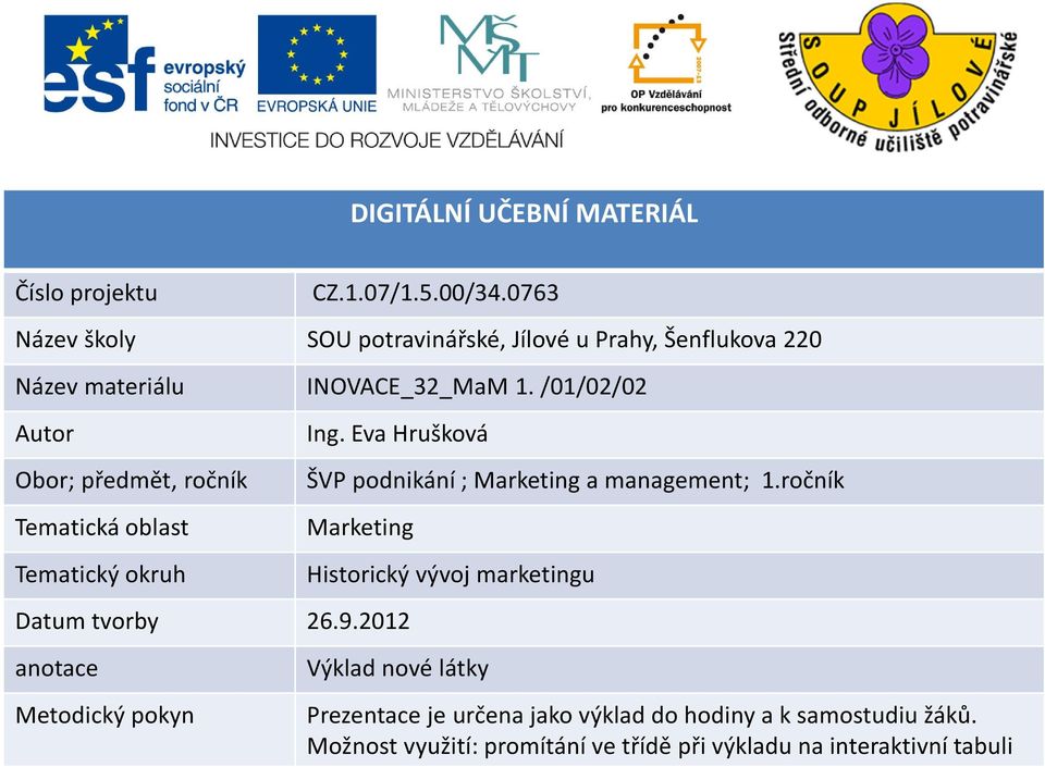 /01/02/02 Autor Obor; předmět, ročník Tematická oblast Tematický okruh Ing. Eva Hrušková ŠVP podnikání; Marketing a management; 1.