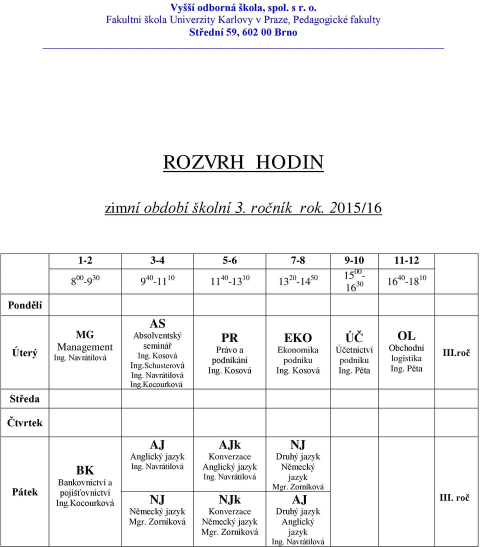 15 00-16 30 16 40-18 10 AS Absolventský seminář Ing.