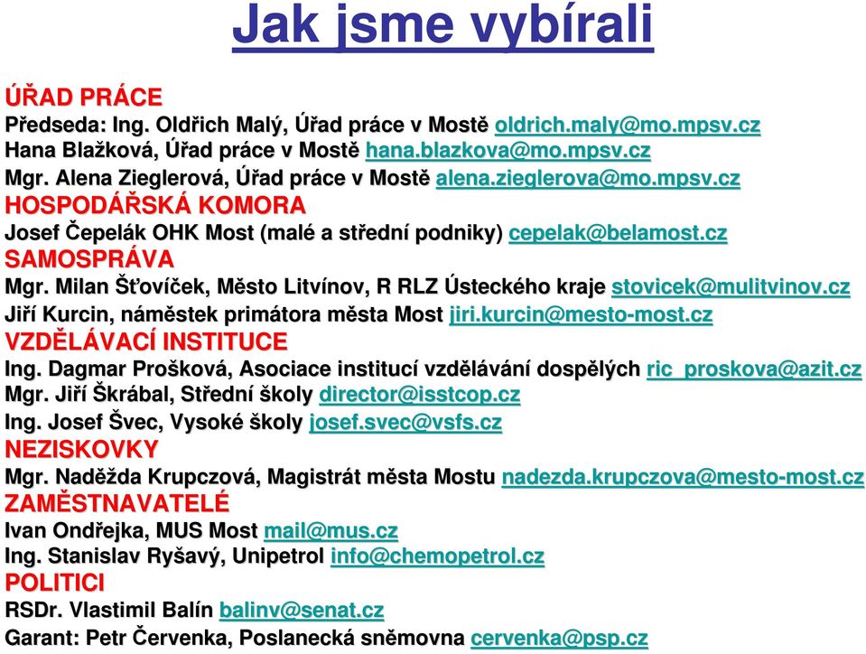 Milan Šťovíček, Město Litvínov, R RLZ Ústeckého kraje stovicek@mulitvinov mulitvinov.cz Jiří Kurcin,, náměstek primátora města Most jiri.kurcin kurcin@mesto-most. most.cz VZDĚLÁVACÍ INSTITUCE Ing.