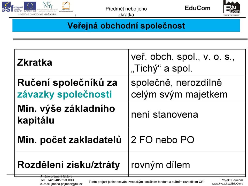 počet zakladatelů Rozdělení zisku/ztráty veř. obch. spol., v. o. s., Tichý a spol.