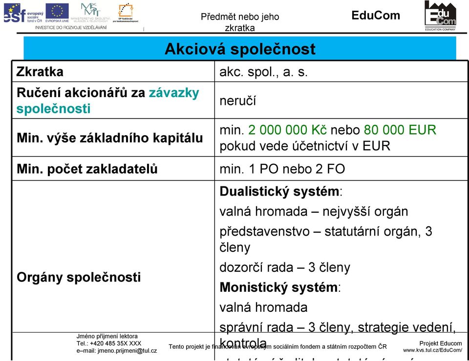 1 PO nebo 2 FO Dualistický systém: valná hromada nejvyšší orgán představenstvo statutární orgán, 3 členy dozorčí rada