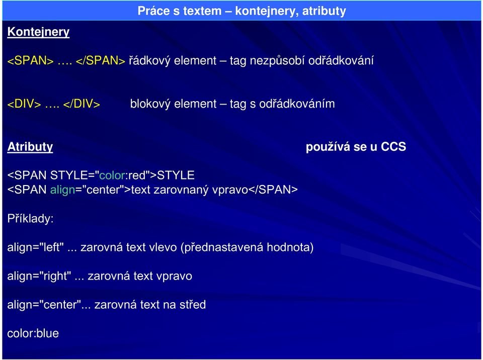 </DIV> blokový element tag s odřádkováním Atributy používá se u CCS <SPAN STYLE="color:red">STYLE <SPAN