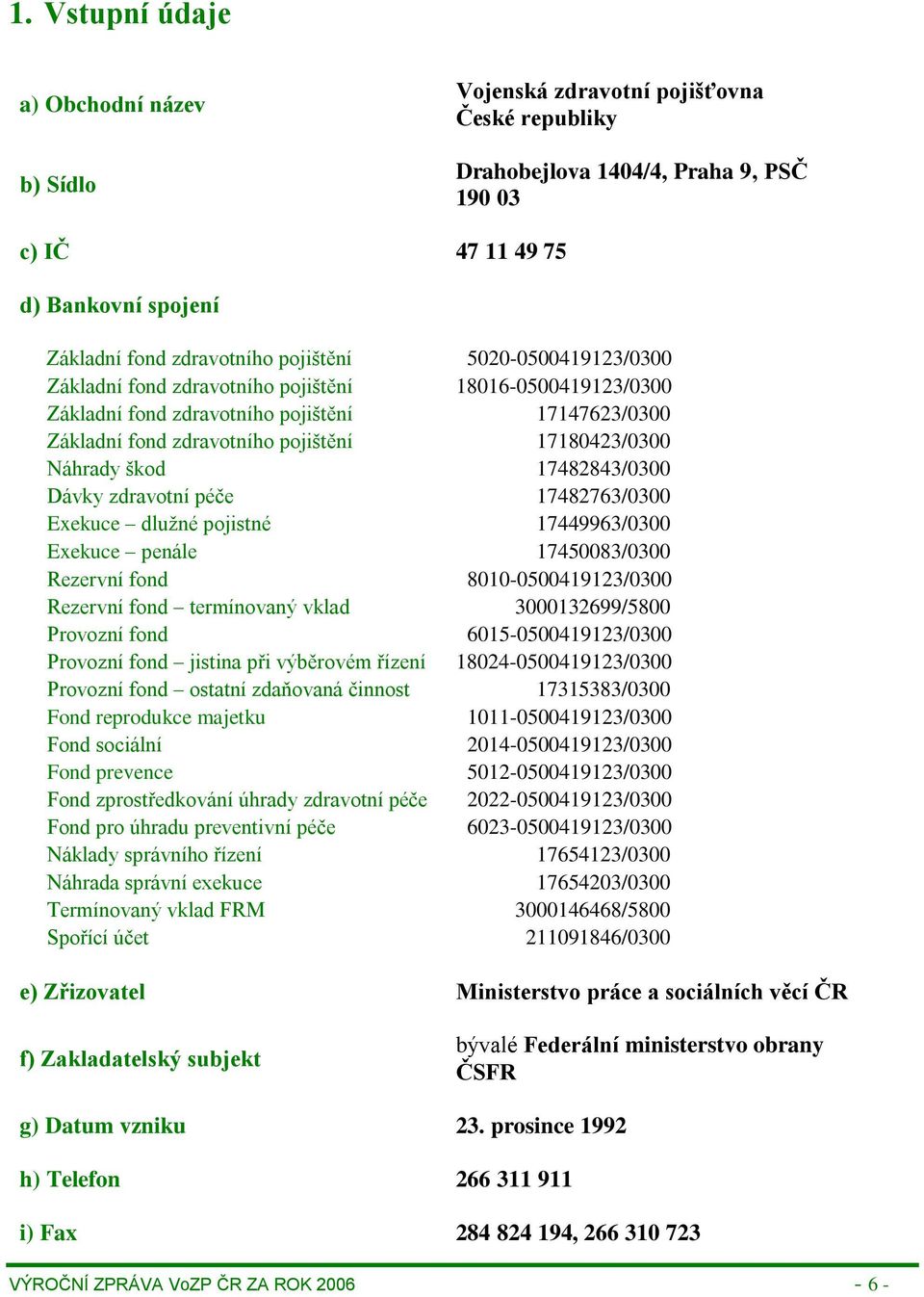 škod 17482843/0300 Dávky zdravotní péče 17482763/0300 Exekuce dlužné pojistné 17449963/0300 Exekuce penále 17450083/0300 Rezervní fond 8010-0500419123/0300 Rezervní fond termínovaný vklad