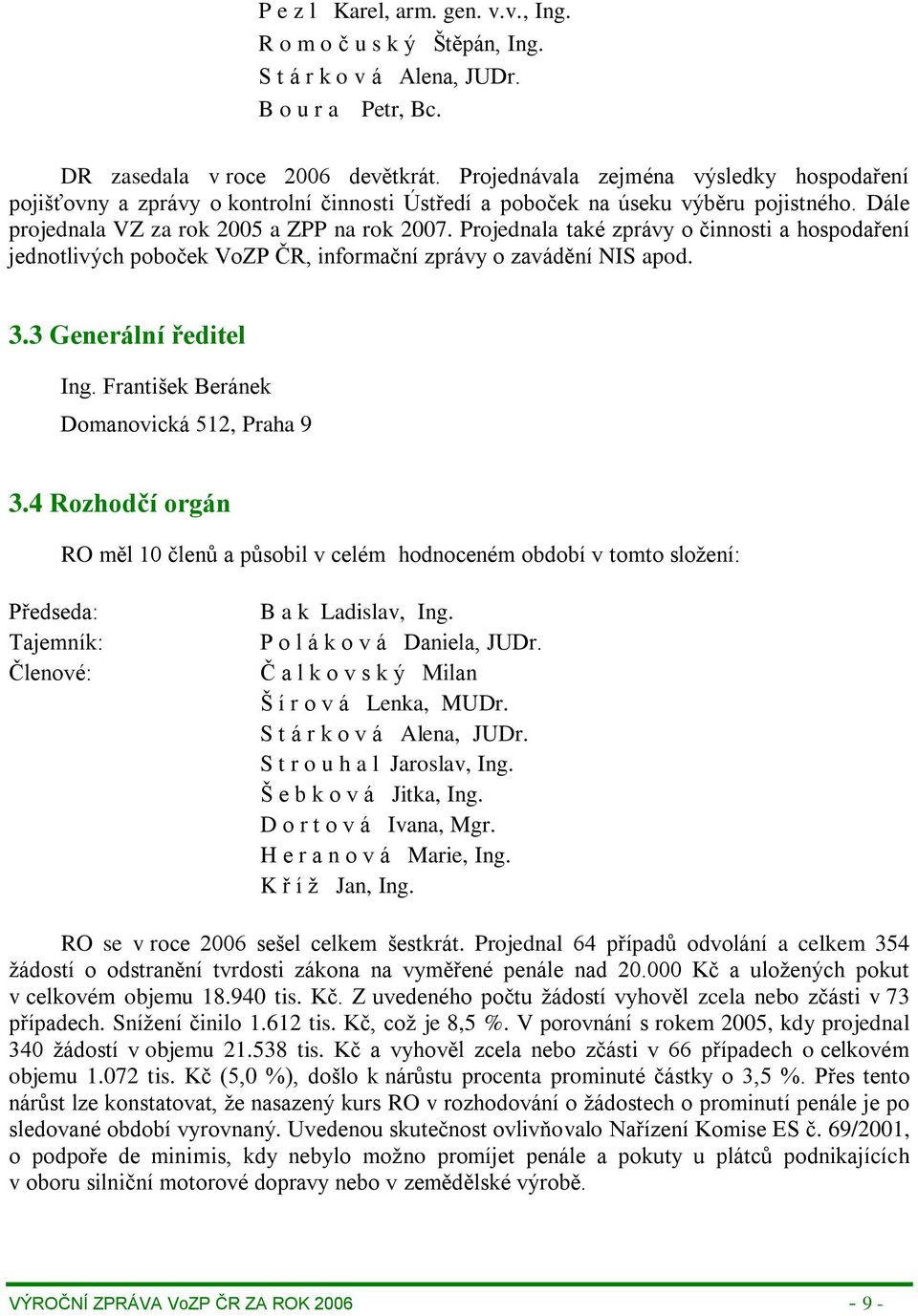 Projednala také zprávy o činnosti a hospodaření jednotlivých poboček VoZP ČR, informační zprávy o zavádění NIS apod. 3.3 Generální ředitel Ing. František Beránek Domanovická 512, Praha 9 3.