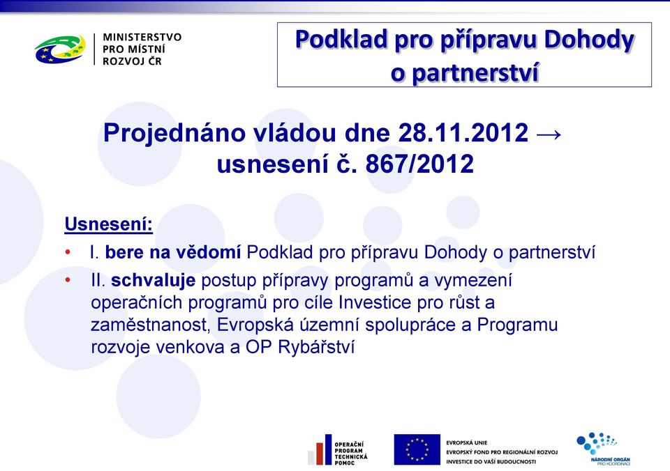 schvaluje postup přípravy programů a vymezení operačních programů pro cíle Investice