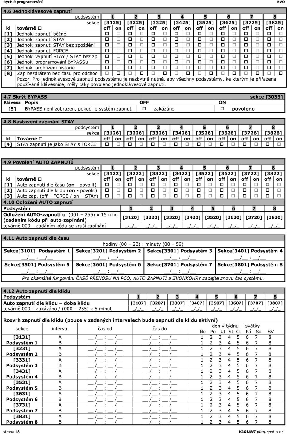 běžné [2] Jednokl zapnutí STAY [3] Jednokl zapnutí STAY bez zpoždění [4] Jednokl zapnutí FORCE [5] Jednokl vypnutí STAY / STAY bez zp [6] Jednokl programování BYPASSu [7] Jednokl prohlížení historie