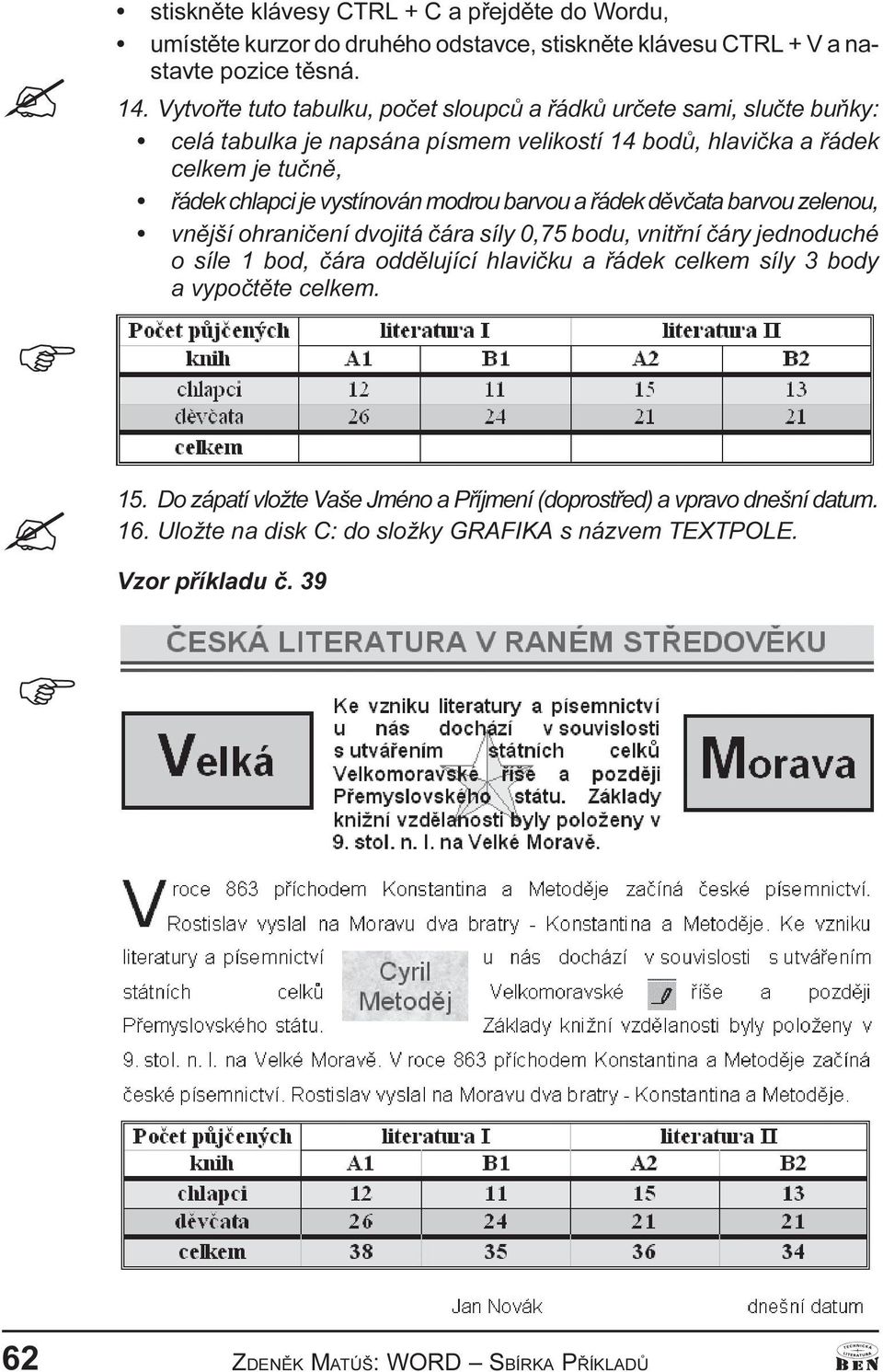 vystínován modrou barvou a øádek dìvèata barvou zelenou, vnìjší ohranièení dvojitá èára síly 0,75 bodu, vnitøní èáry jednoduché o síle 1 bod, èára oddìlující hlavièku a øádek