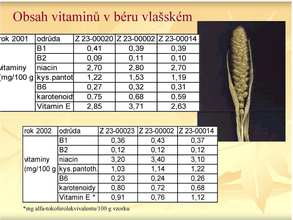 pantot 1,22 1,53 1,19 B6 0,27 0,32 0,31 karotenoidy 0,75 0,68 0,59 Vitamin E 2,85 3,71 2,63 rok 2002 odrůda Z 23-00023 Z 23-00002