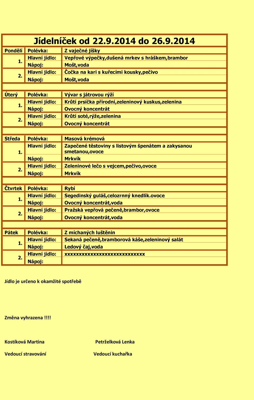2014 Pondělí Z vaječné jíšky Vepřové výpečky,dušená mrkev s hráškem,brambor Mošt,voda Čočka na kari s kuřecími kousky,pečivo Mošt,voda Úterý Vývar s játrovou rýží Krůtí prsíčka