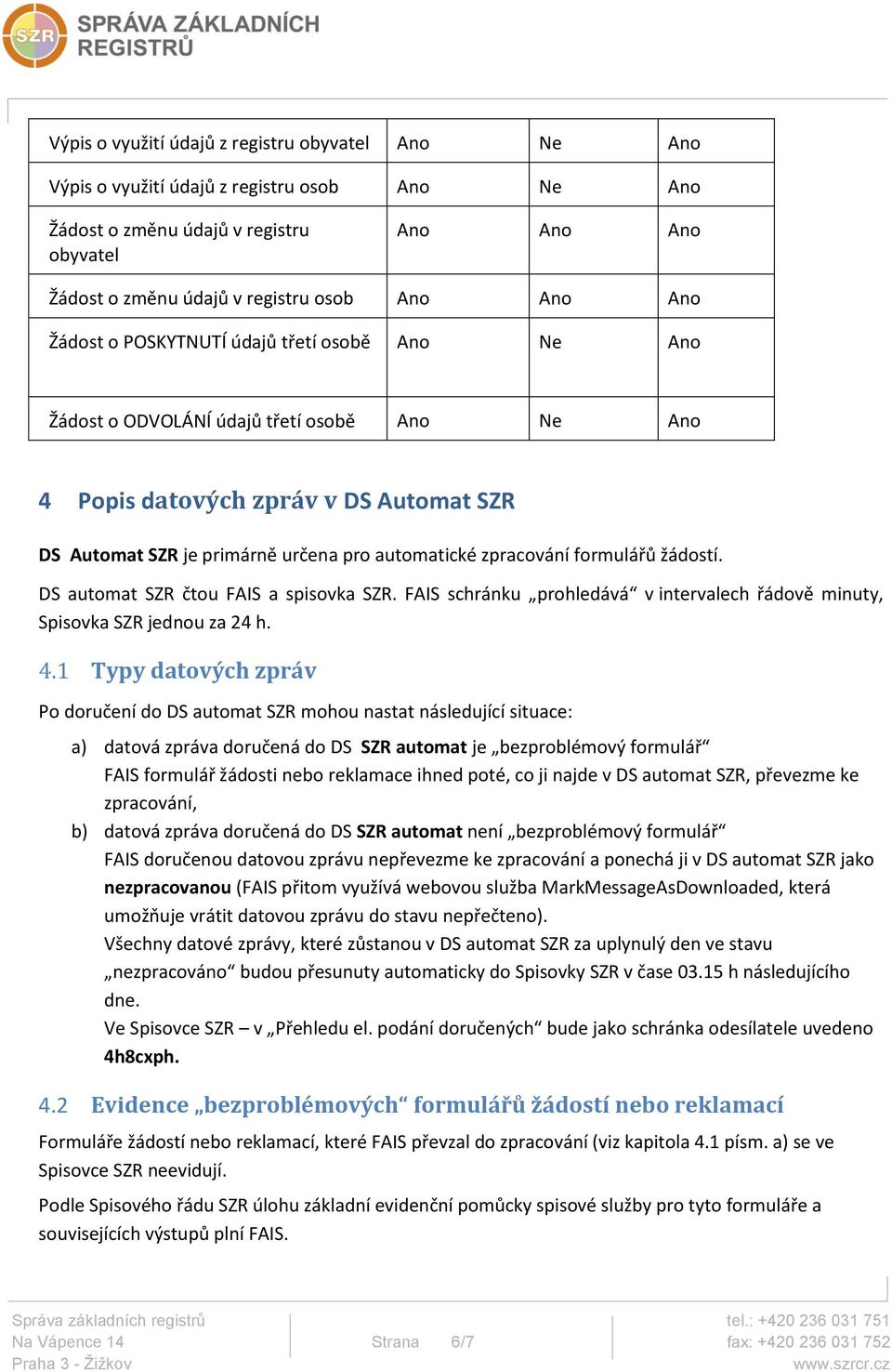 zpracování formulářů žádostí. DS automat SZR čtou FAIS a spisovka SZR. FAIS schránku prohledává v intervalech řádově minuty, Spisovka SZR jednou za 24 h. 4.