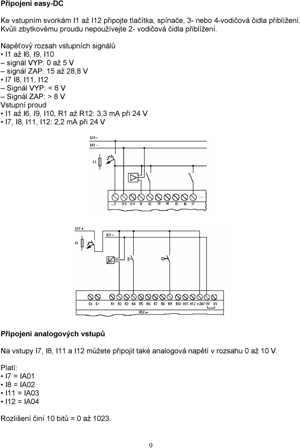 Napěťový rozsah vstupních signálů I1 až I6, I9, I10 signál VYP: 0 až 5 V signál ZAP: 15 až 28,8 V I7 I8, I11, I12 Signál VYP: < 8 V Signál ZAP: > 8 V