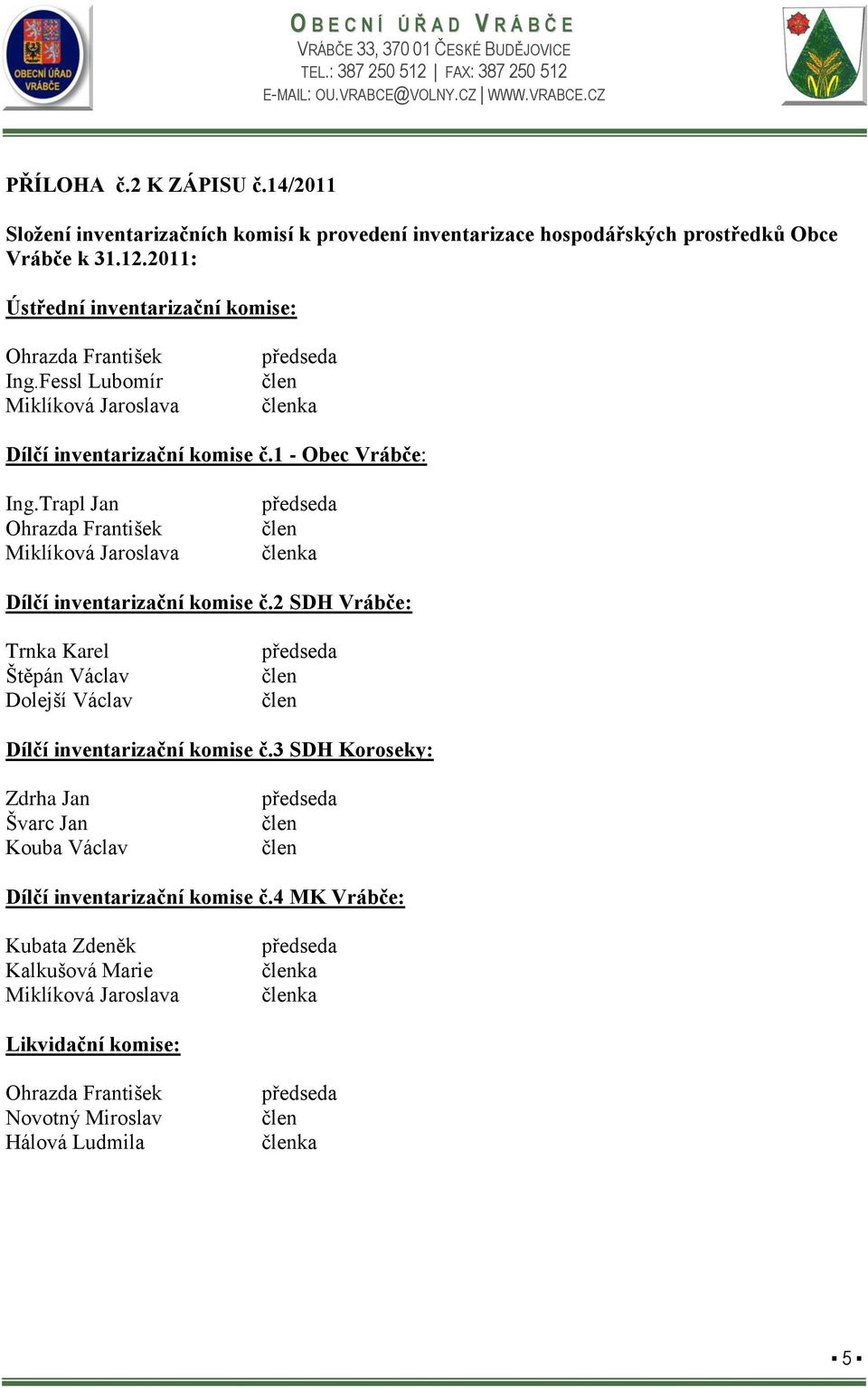 Trapl Jan ka Dílčí inventarizační komise č.2 SDH Vrábče: Trnka Karel Štěpán Václav Dolejší Václav Dílčí inventarizační komise č.