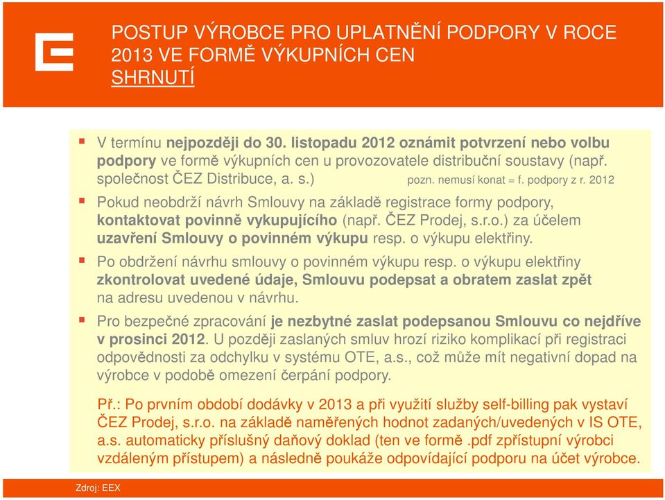 2012 Pokud neobdrží návrh Smlouvy na základě registrace formy podpory, kontaktovat povinně vykupujícího (např. ČEZ Prodej, s.r.o.) za účelem uzavření Smlouvy o povinném výkupu resp.