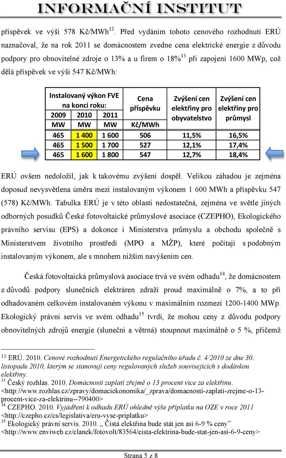 MWp, což dělá příspěvek ve výši 547 Kč/MWh: Instalovaný výkon FVE Cena na konci roku: příspěvku 2009 2010 2011 MW MW MW Kč/MWh Zvýšení cen elektřiny pro obyvatelstvo ERÚ ovšem nedoložil, jak k