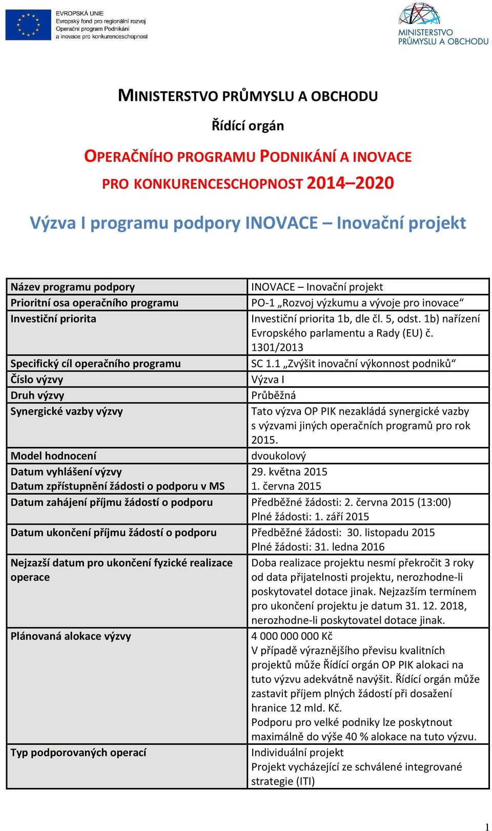 1b) nařízení Evropského parlamentu a Rady (EU) č. 1301/2013 Specifický cíl operačního programu SC 1.