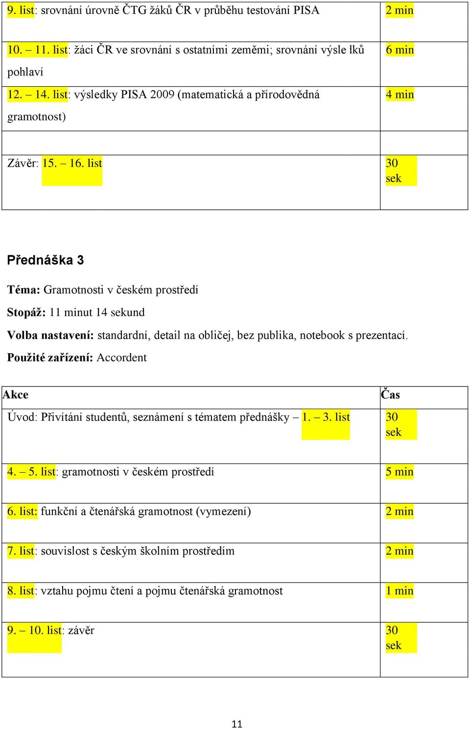 list 30 Přednáška 3 Téma: Gramotnosti v českém prostředí Stopáž: 11 minut 14 und Volba nastavení: standardní, detail na obličej, bez publika, notebook s prezentací.