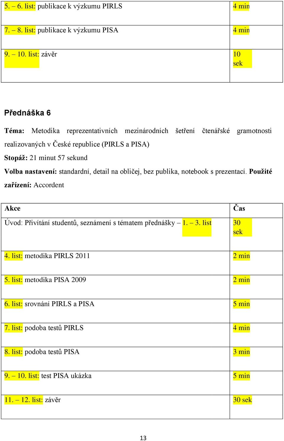 Stopáž: 21 minut 57 und Volba nastavení: standardní, detail na obličej, bez publika, notebook s prezentací. Použité zařízení: Accordent 30 4.