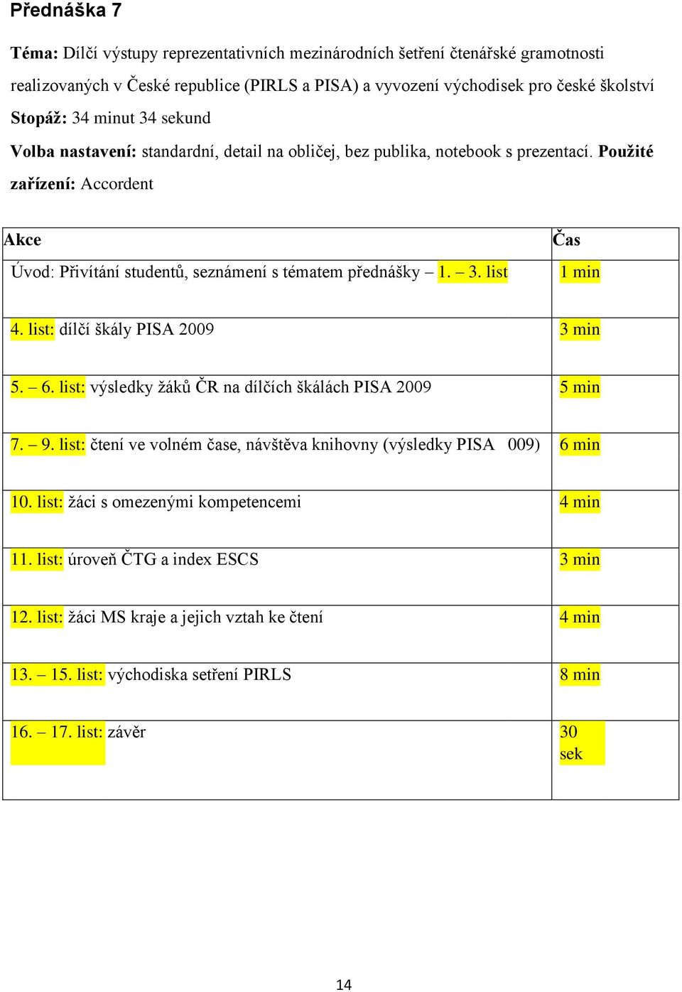 list: dílčí škály PISA 2009 3 min 5. 6. list: výsledky žáků ČR na dílčích škálách PISA 2009 5 min 7. 9.