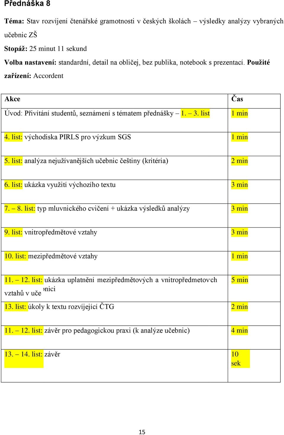 list: ukázka využití výchozího textu 3 min 7. 8. list: typ mluvnického cvičení + ukázka výsledků analýzy 3 min 9. list: vnitropředmětové vztahy 3 min 10. list: mezipředmětové vztahy 1 min 11. 12.