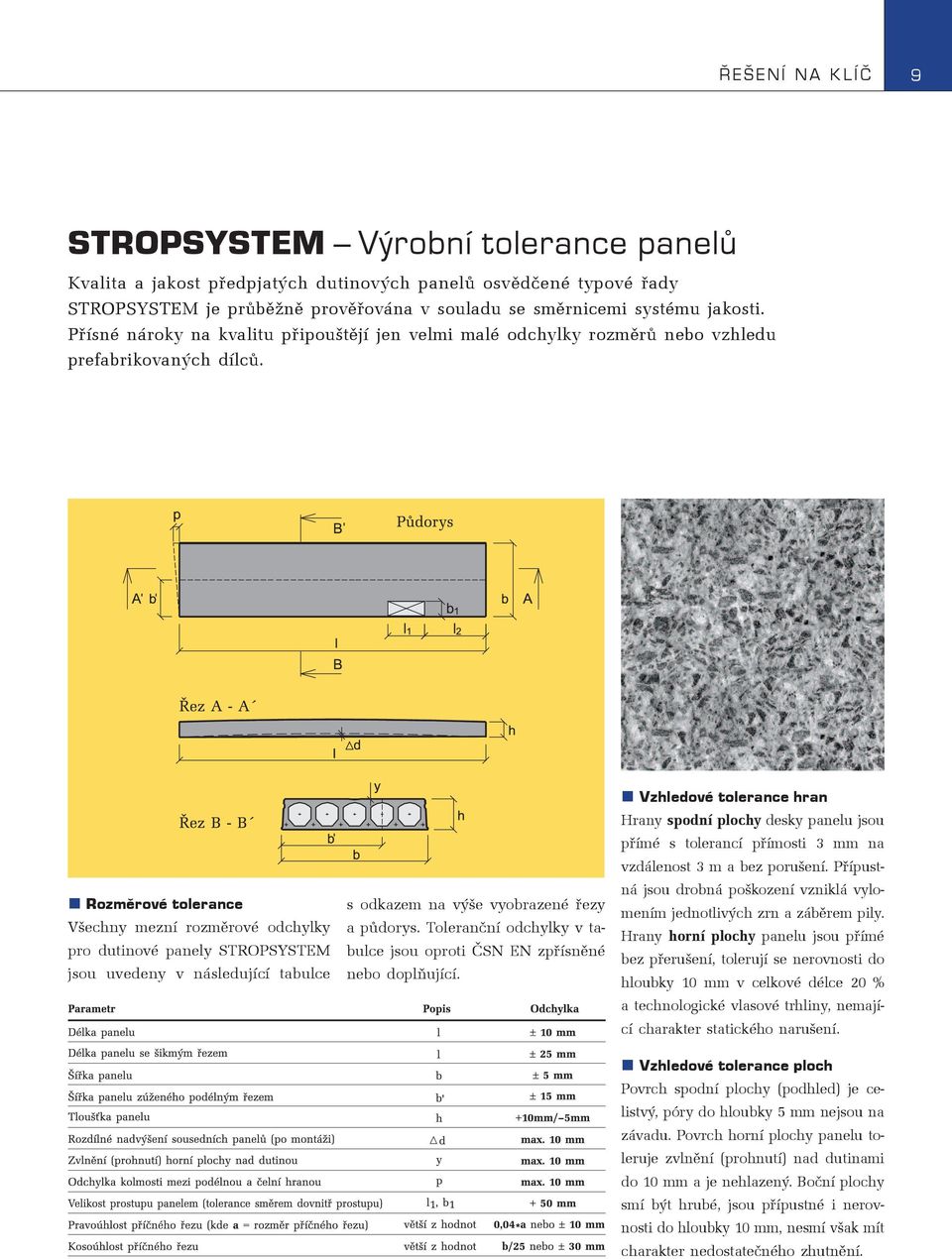 Rozmìrové tolerance Všechny mezní rozmìrové odchylky pro dutinové panely STROPSYSTEM jsou uvedeny v následující tabulce s odkazem na výše vyobrazené øezy a pùdorys.