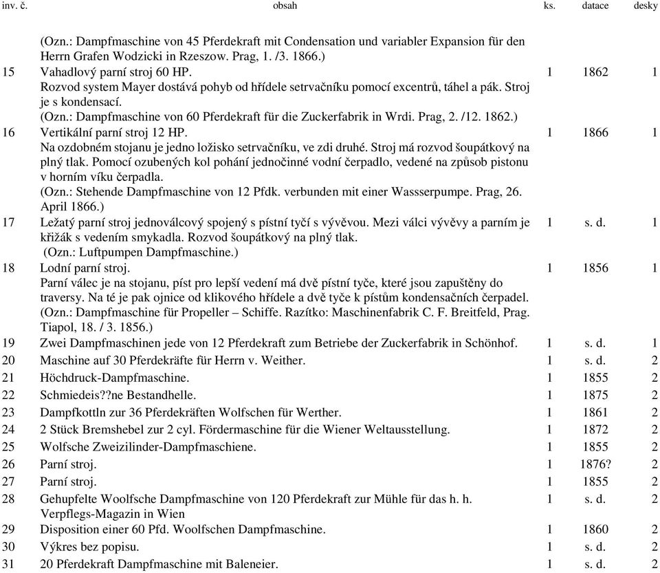 : Dampfmaschine von 60 Pferdekraft für die Zuckerfabrik in Wrdi. Prag, 2. /12. 1862.) 16 Vertikální parní stroj 12 HP. 1 1866 1 Na ozdobném stojanu je jedno ložisko setrvačníku, ve zdi druhé.