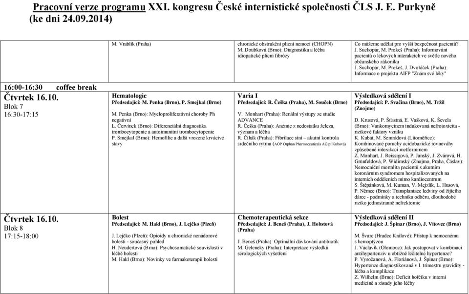 Dvořáček : Informace o projektu AIFP "Znám své léky" 16:00-16:30 coffee break Blok 7 16:30-17:15 Hematologie Předsedající: M. Penka, P. Smejkal M. Penka : Myeloproliferativní choroby Ph negativní L.