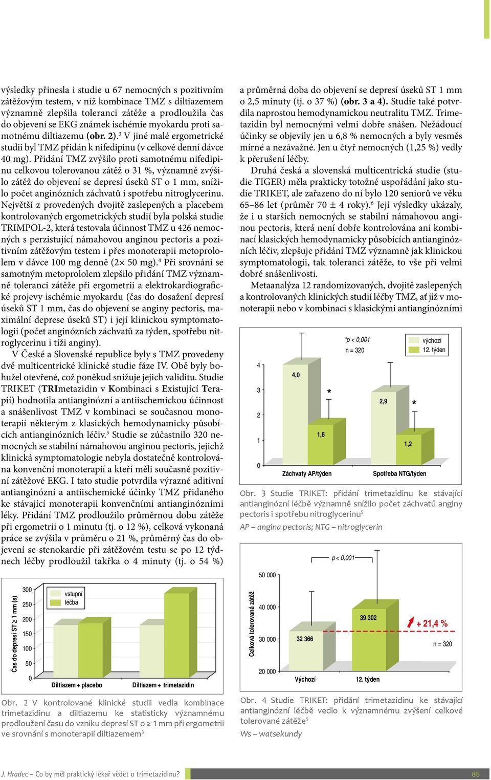 Přidání TMZ zvýšilo proti samotnému nifedipinu celkovou tolerovanou zátěž o 31 %, významně zvýšilo zátěž do objevení se depresí úseků ST o 1 mm, snížilo počet anginózních záchvatů i spotřebu