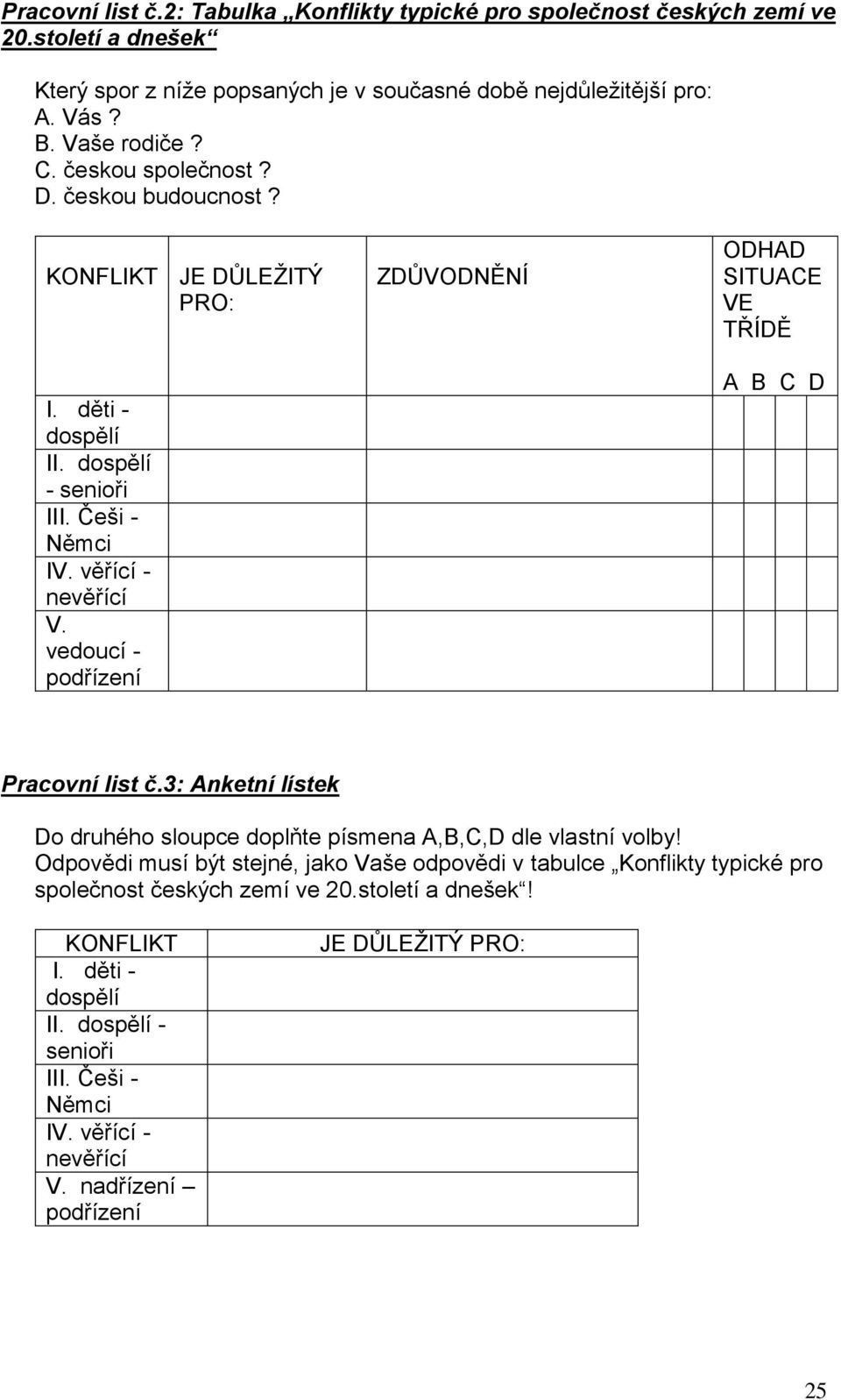 vedoucí - ZDŦVODNĚNÍ ODHAD SITUACE VE TŘÍDĚ A B C D Pracovní list č.3: Anketní lístek Do druhého sloupce doplňte písmena A,B,C,D dle vlastní volby!