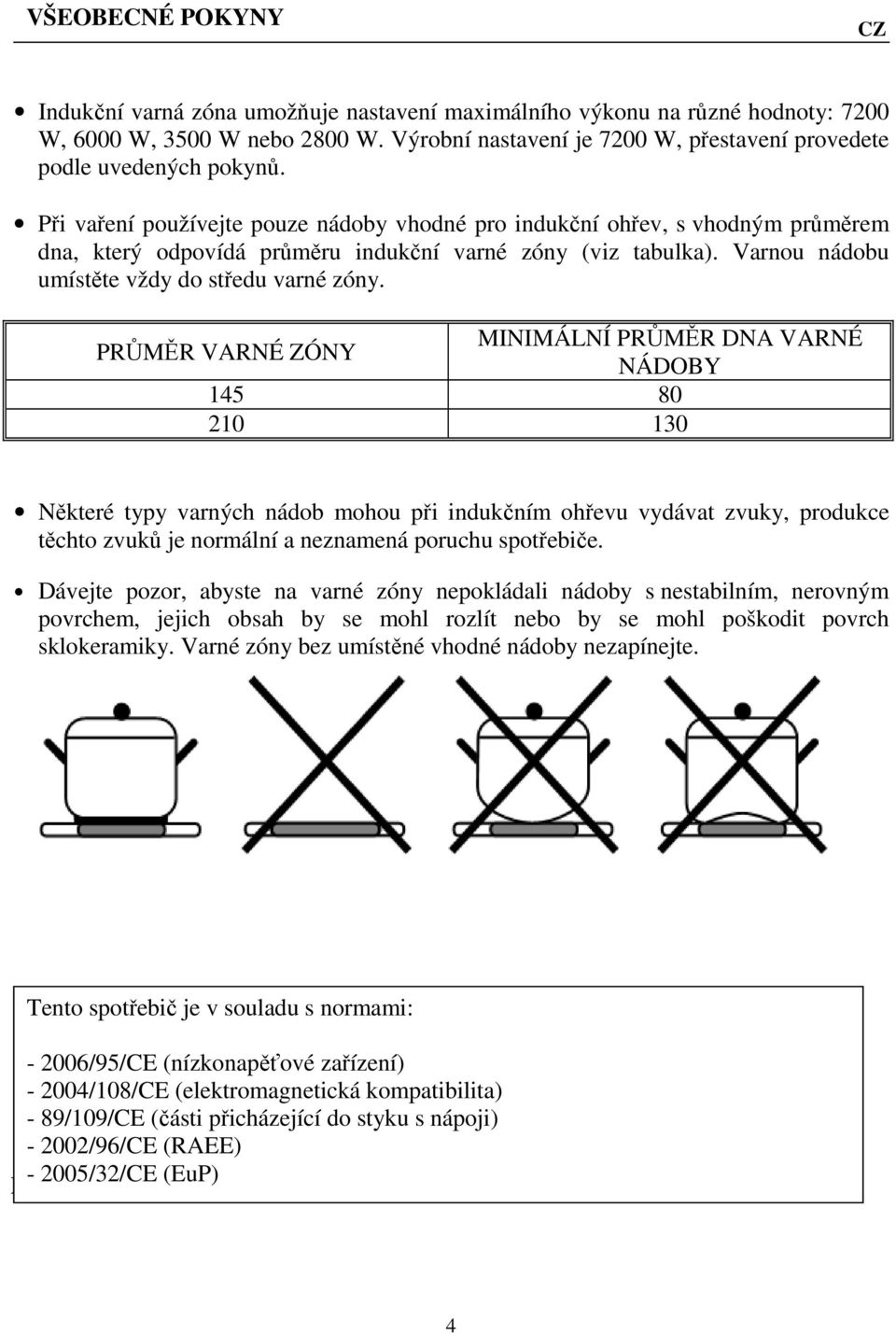 Při vaření používejte pouze nádoby vhodné pro indukční ohřev, s vhodným průměrem dna, který odpovídá průměru indukční varné zóny (viz tabulka). Varnou nádobu umístěte vždy do středu varné zóny.