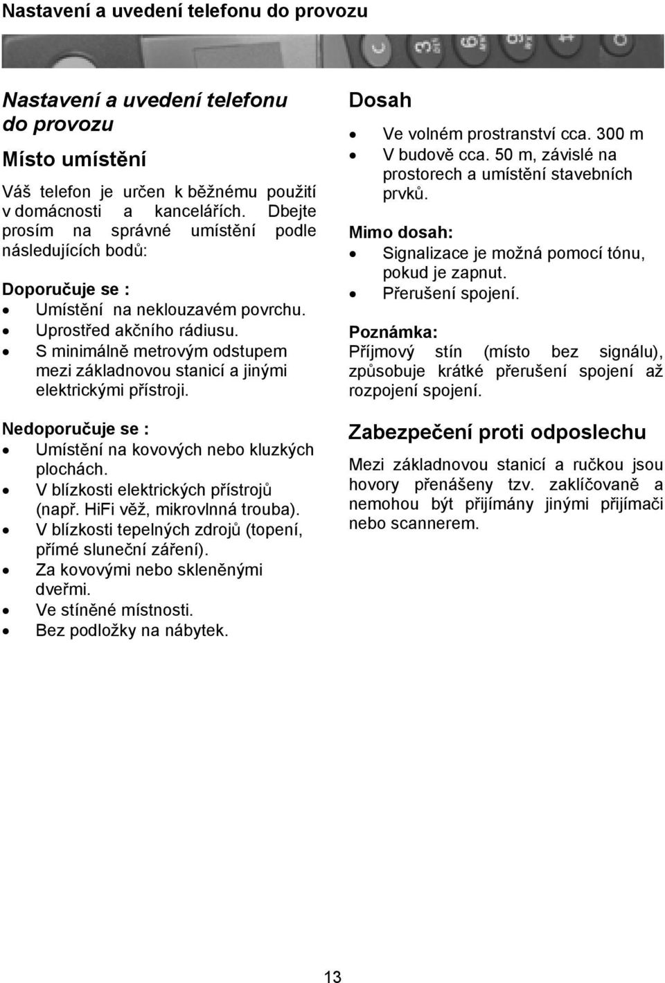 S minimáln metrovým odstupem mezi základnovou stanicí a jinými elektrickými pístroji. Nedoporuuje se : Umístní na kovových nebo kluzkých plochách. V blízkosti elektrických pístroj (nap.