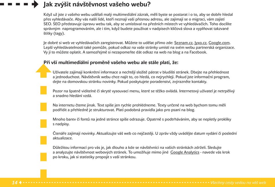 Toho docílíte správným naprogramováním, ale i tím, když budete používat v nadpisech klíčová slova a vyplňovat takzvané štítky (tagy). Je dobré si web ve vyhledávačích zaregistrovat.