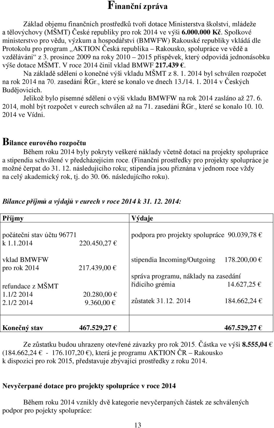 prosince 2009 na roky 2010 2015 příspěvek, který odpovídá jednonásobku výše dotace MŠMT. V roce 2014 činil vklad BMWF 217.439. Na základě sdělení o konečné výši vkladu MŠMT z 8. 1.