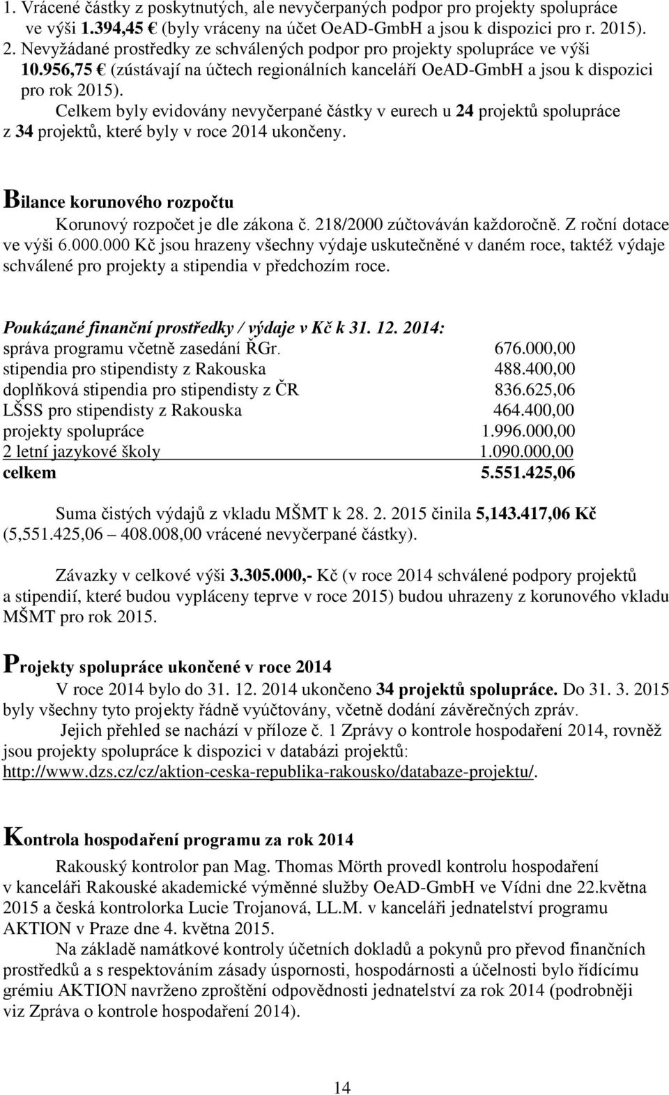 Celkem byly evidovány nevyčerpané částky v eurech u 24 projektů spolupráce z 34 projektů, které byly v roce 2014 ukončeny. Bilance korunového rozpočtu Korunový rozpočet je dle zákona č.