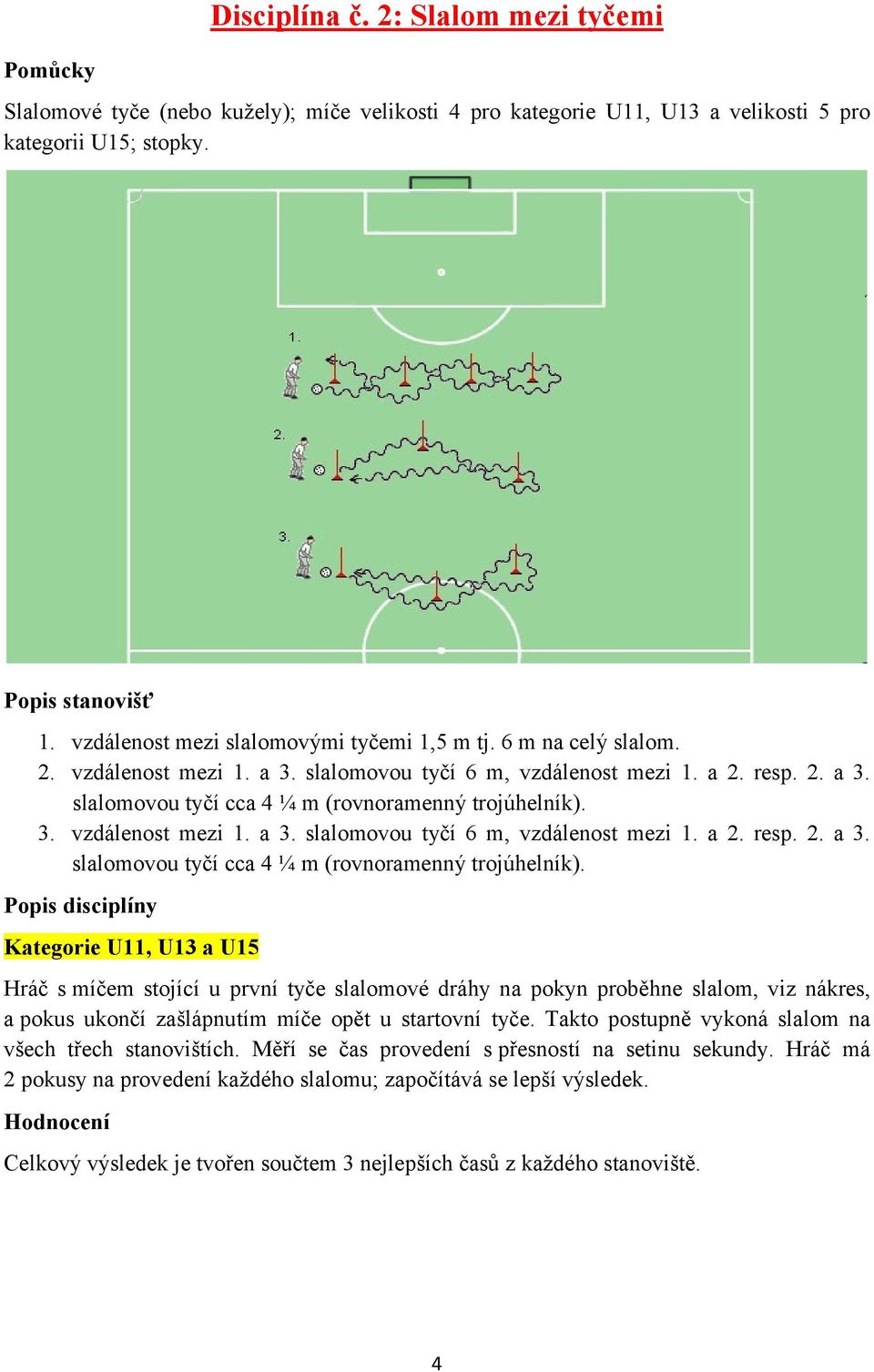 3. vzdálenost mezi 1. a 3. slalomovou tyčí 6 m, vzdálenost mezi 1. a 2. resp. 2. a 3. slalomovou tyčí cca 4 ¼ m (rovnoramenný trojúhelník).