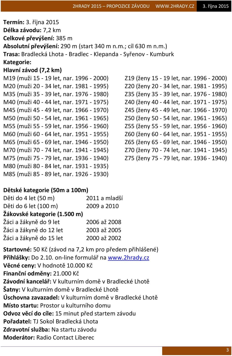 1961-1965) M55 (muži 55-59 let, nar. 1956-1960) M60 (muži 60-64 let, nar. 1951-1955) M65 (muži 65-69 let, nar. 1946-1950) M70 (muži 70-74 let, nar. 1941-1945) M75 (muži 75-79 let, nar.