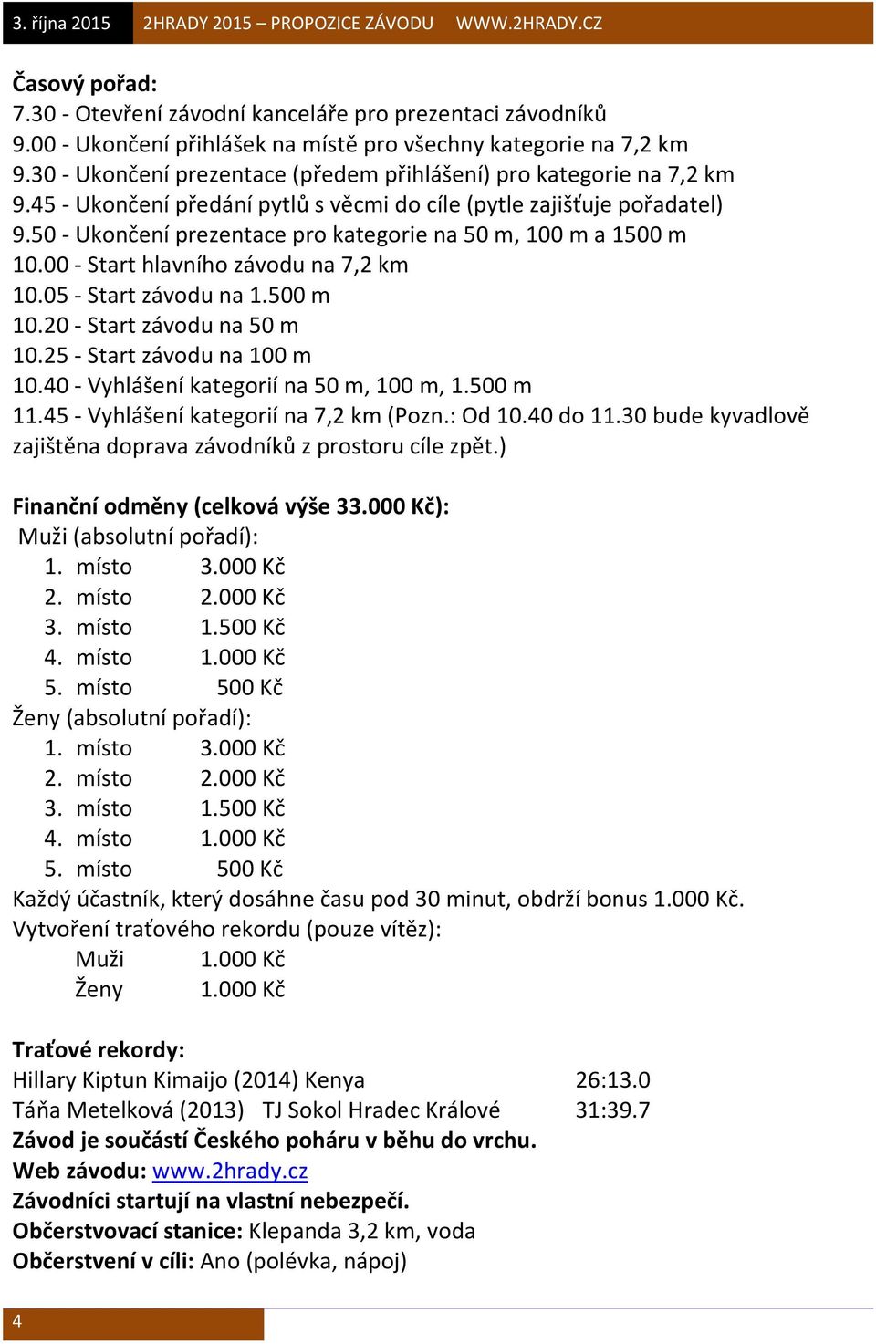 50 - Ukončení prezentace pro kategorie na 50 m, 100 m a 1500 m 10.00 - Start hlavního závodu na 7,2 km 10.05 - Start závodu na 1.500 m 10.20 - Start závodu na 50 m 10.25 - Start závodu na 100 m 10.