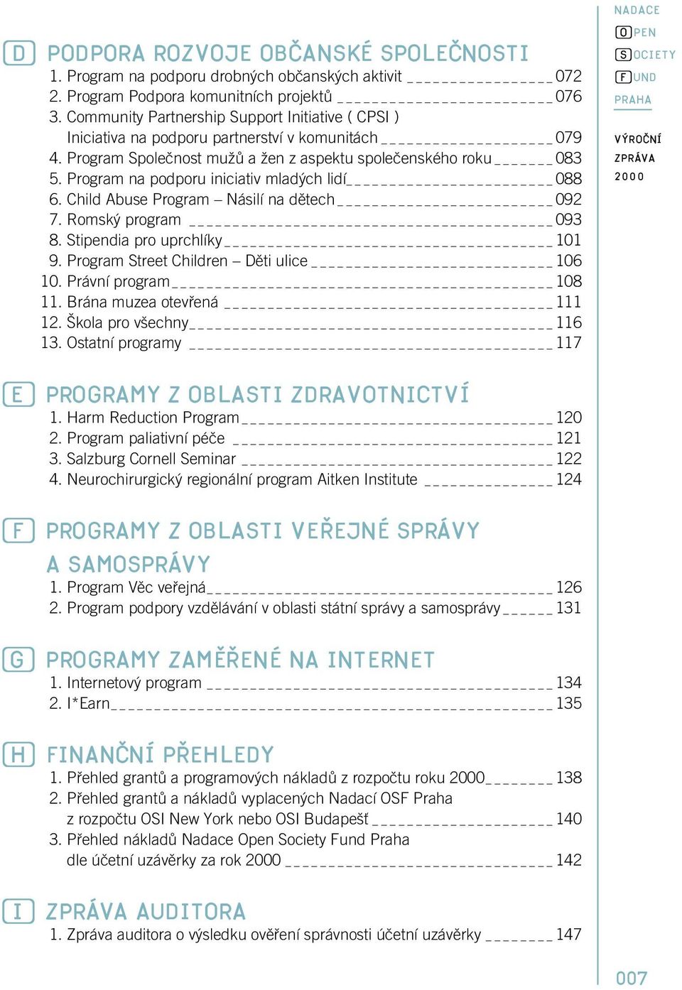 Program na podporu iniciativ mlad ch lidí 088 6. Child Abuse Program Násilí na dûtech _ 092 7. Romsk program 093 8. Stipendia pro uprchlíky 101 9. Program Street Children Dûti ulice 106 10.