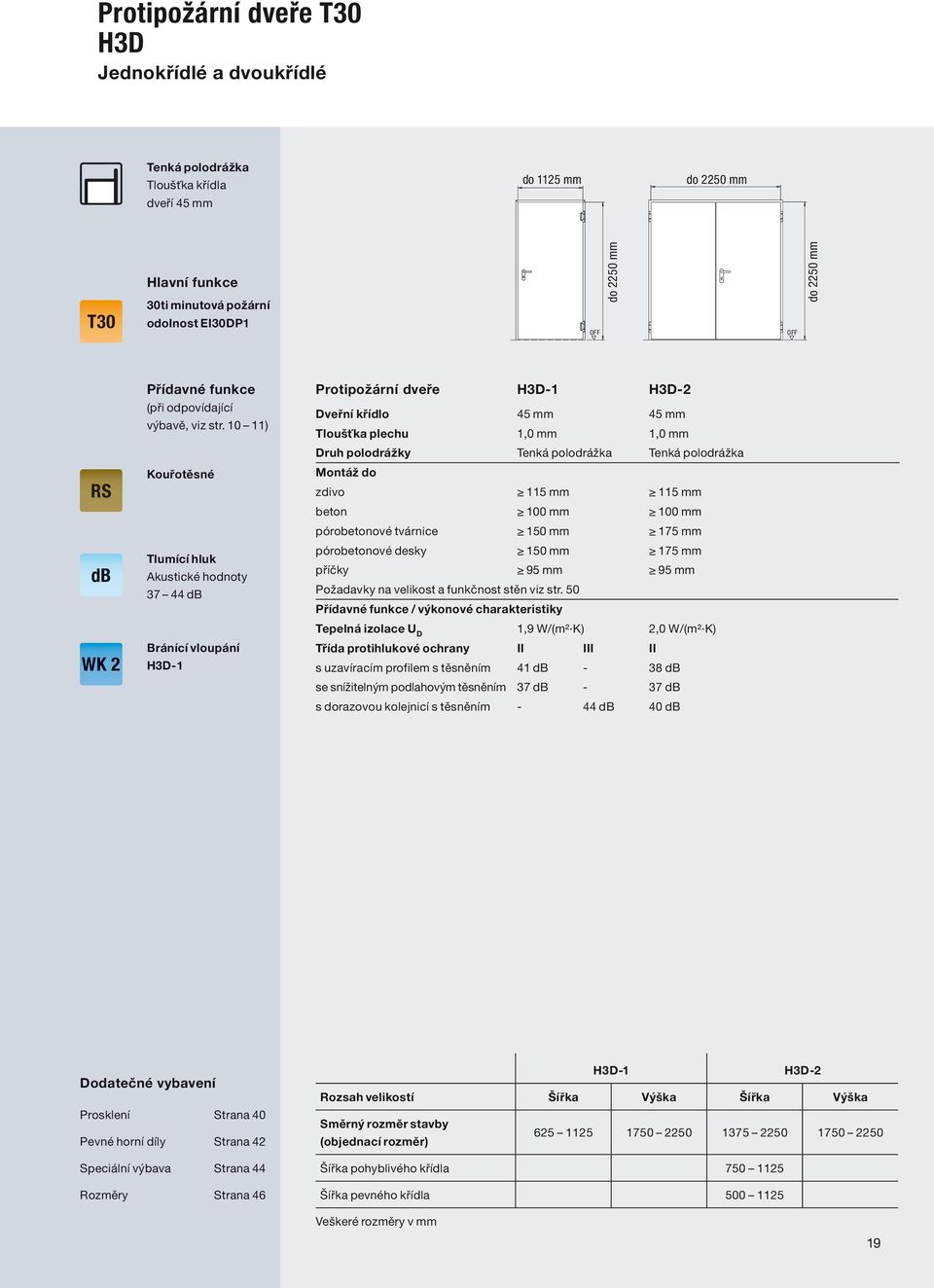 10 11) Kouřotěsné Tlumící hluk Akustické hodnoty 37 44 db Bránící vloupání H3D-1 Protipožární dveře H3D-1 H3D-2 Dveřní křídlo 45 mm 45 mm Tloušťka plechu 1,0 mm 1,0 mm Druh polodrážky Tenká