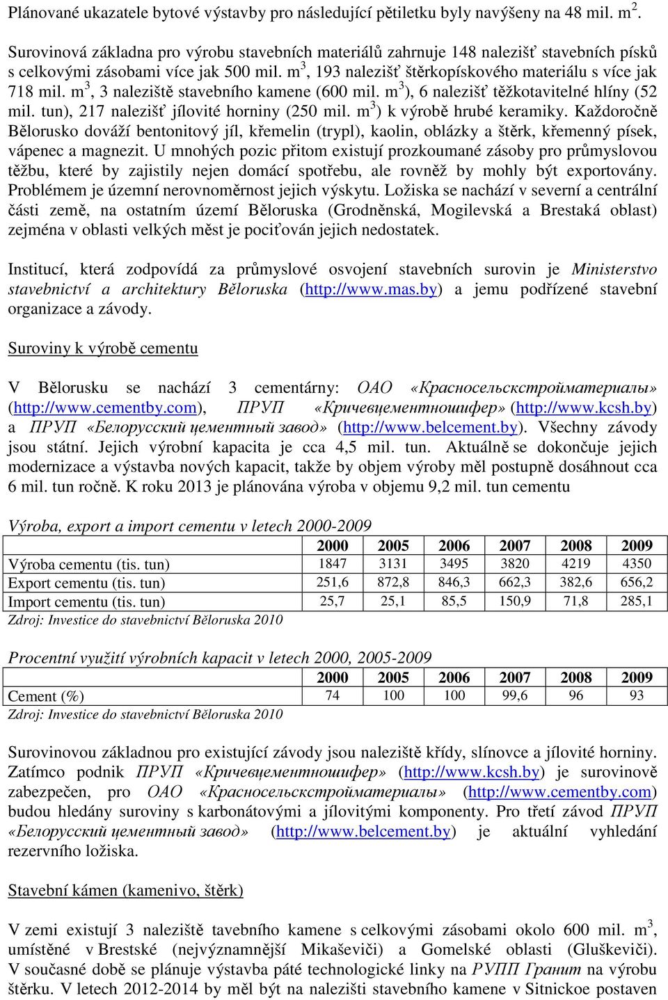 m 3, 3 naleziště stavebního kamene (600 mil. m 3 ), 6 nalezišť těžkotavitelné hlíny (52 mil. tun), 217 nalezišť jílovité horniny (250 mil. m 3 ) k výrobě hrubé keramiky.