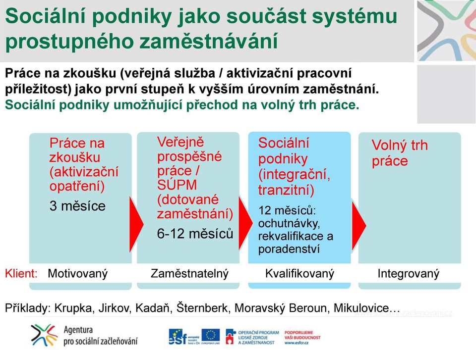 Práce na zkoušku (aktivizační opatření) 3 měsíce Veřejně prospěšné práce / SÚPM (dotované zaměstnání) 6-12 měsíců Sociální podniky (integrační,