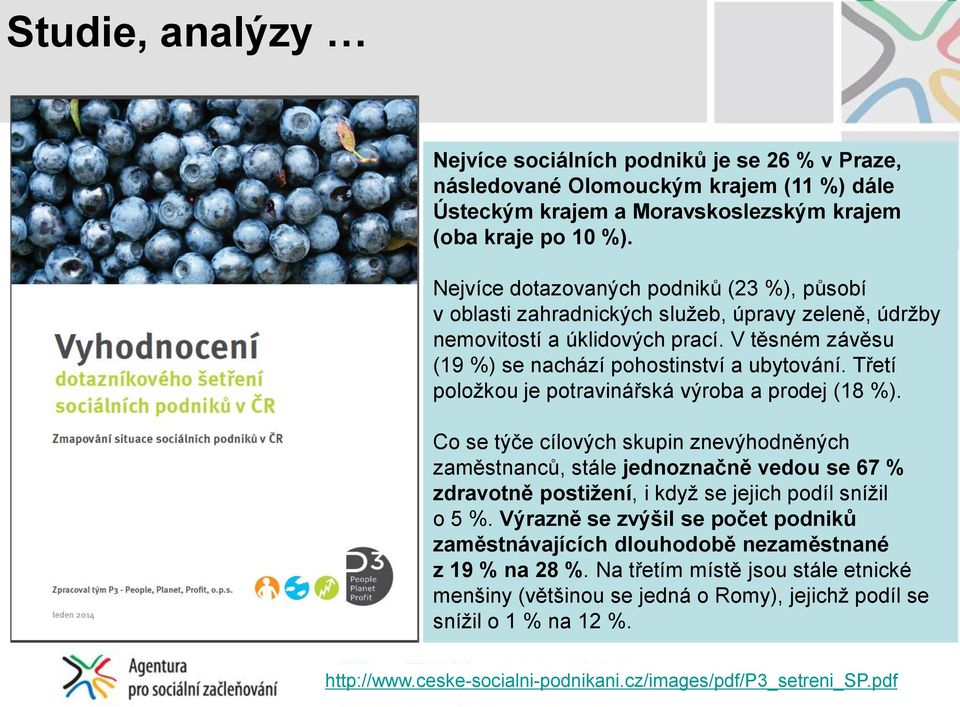 Třetí položkou je potravinářská výroba a prodej (18 %). Co se týče cílových skupin znevýhodněných zaměstnanců, stále jednoznačně vedou se 67 % zdravotně postižení, i když se jejich podíl snížil o 5 %.