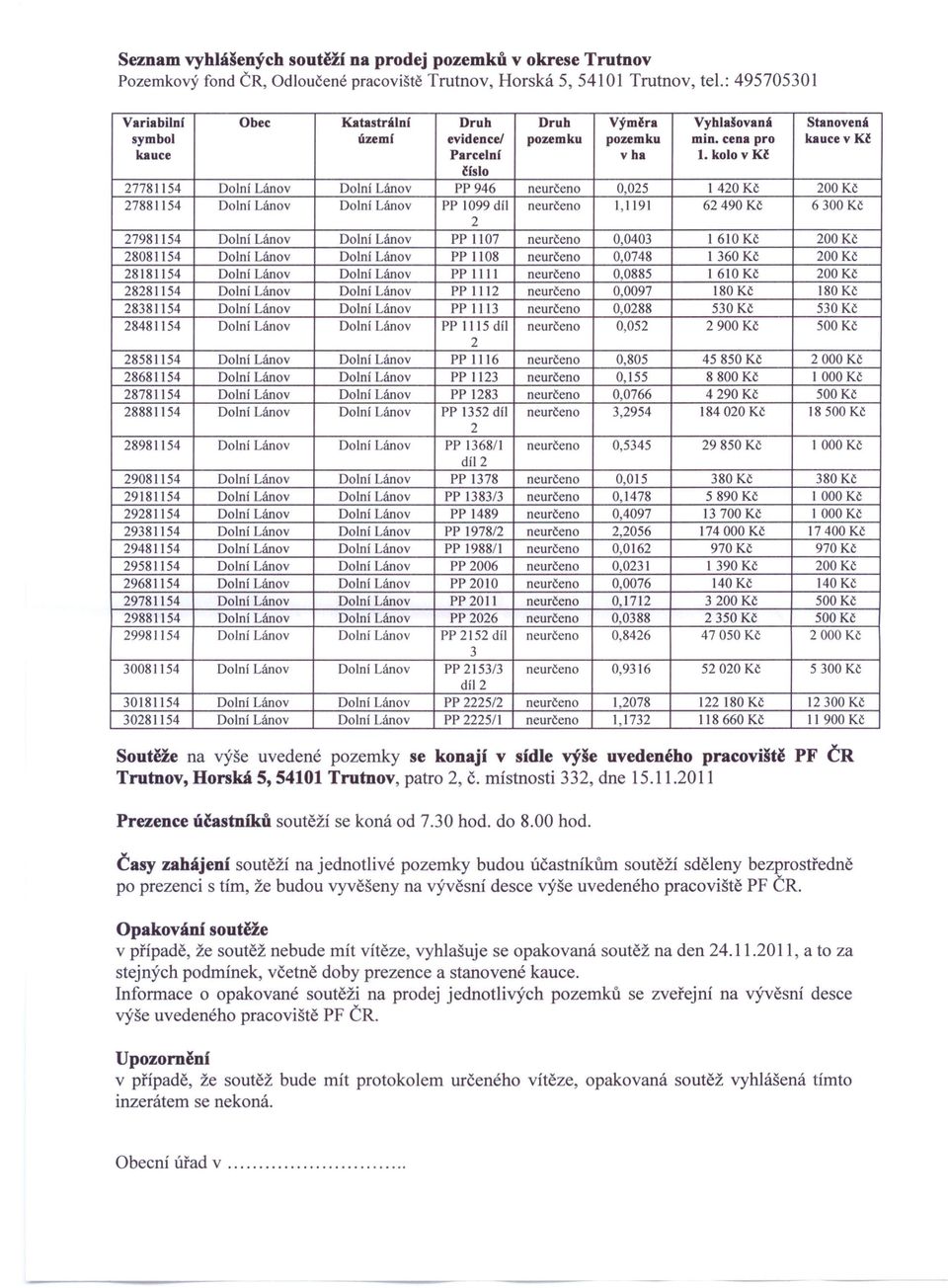 kolo v Kč ěíslo 7781154 Dolní Lánov Dolní Lánov pp 946 neurčeno 0,05 140 Kč 00 Kč 7881154 Dolní Lánov Dolní Lánov pp 1099 dfl neurčeno 1,1191 6490 Kč 6300 Kč 7981154 Dolní Lánov Dolní Lánov pp 1107