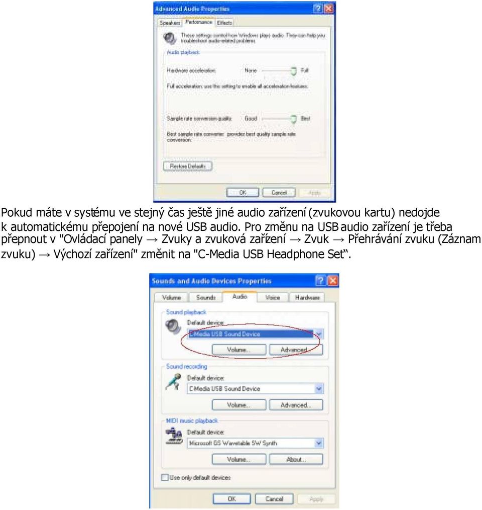 Pro změnu na USB audio zařízení je třeba přepnout v "Ovládací panely Zvuky a