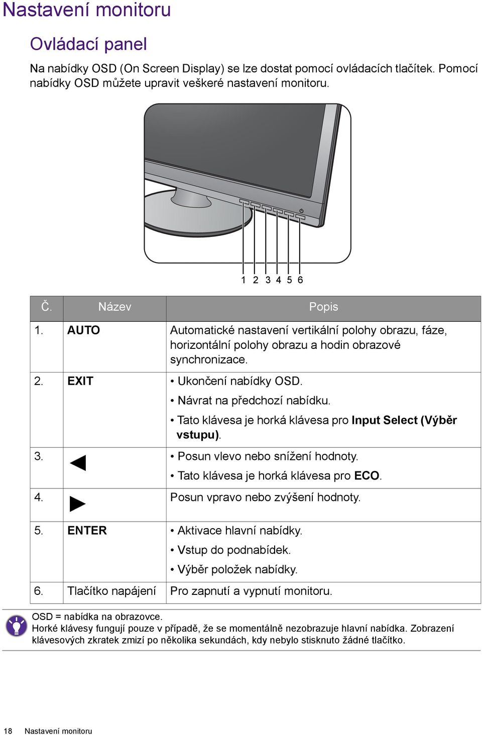 Tato klávesa je horká klávesa pro Input Select (Výběr vstupu). 3. Posun vlevo nebo snížení hodnoty. Tato klávesa je horká klávesa pro ECO. 4. Posun vpravo nebo zvýšení hodnoty. 5.