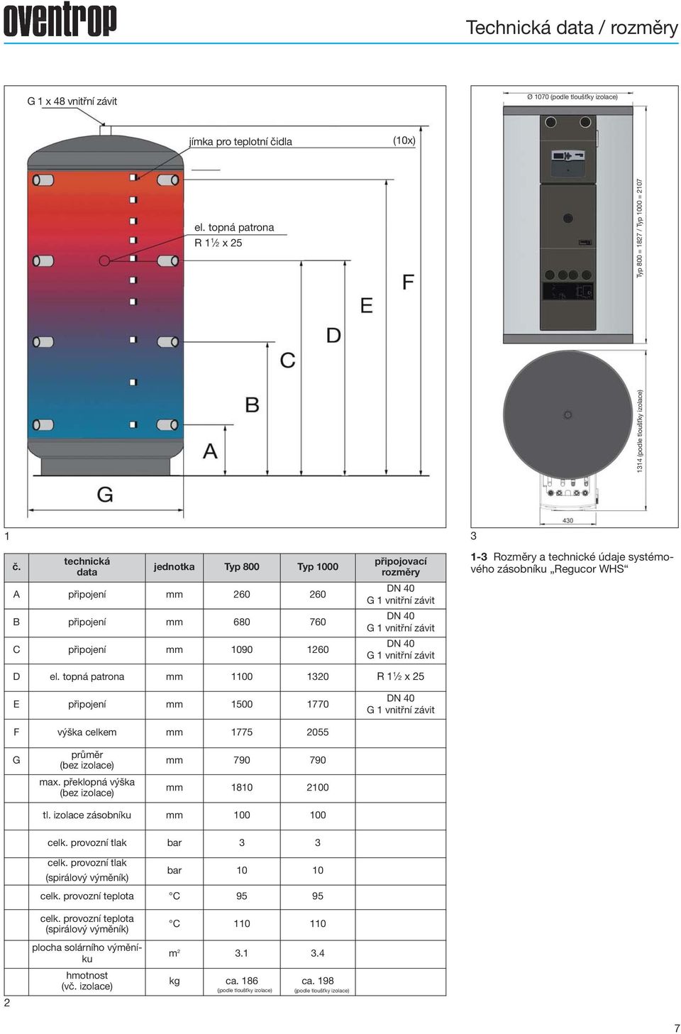 Rozměry a technické údaje systémového zásobníku Regucor WHS D el. topná patrona mm 00 30 R x 5 E připojení mm 500 770 DN 40 G vnitřní závit F výška celkem mm 775 055 G průměr (bez izolace) max.