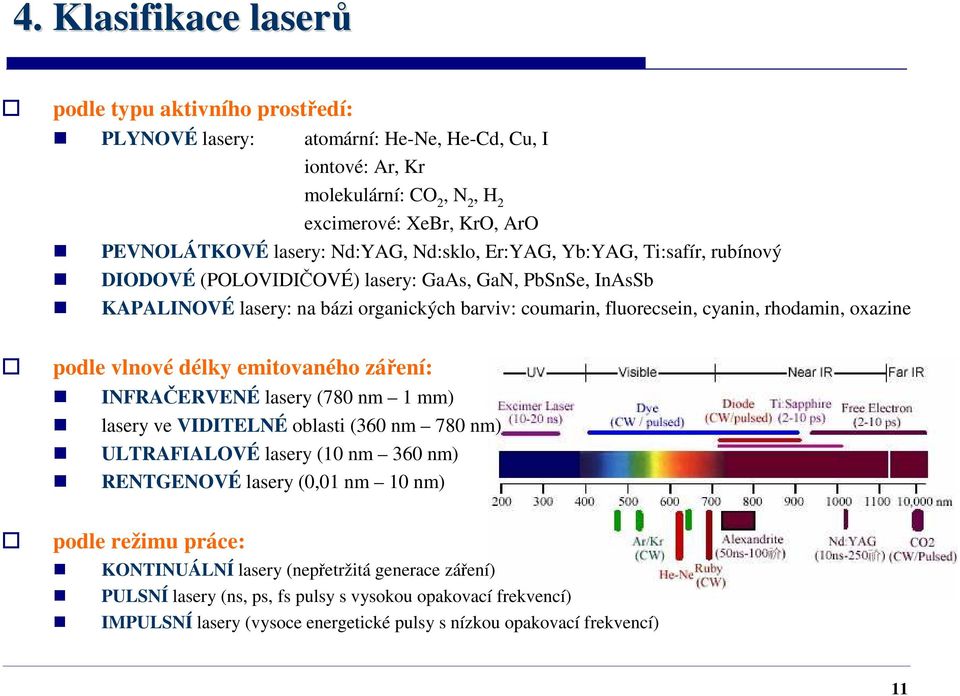 oxazine podle vlnové délky emitovaného záření: INFRAČERVENÉ lasery (780 nm 1 mm) lasery ve VIDITELNÉ oblasti (360 nm 780 nm) ULTRAFIALOVÉ lasery (10 nm 360 nm) RENTGENOVÉ lasery (0,01 nm 10 nm)