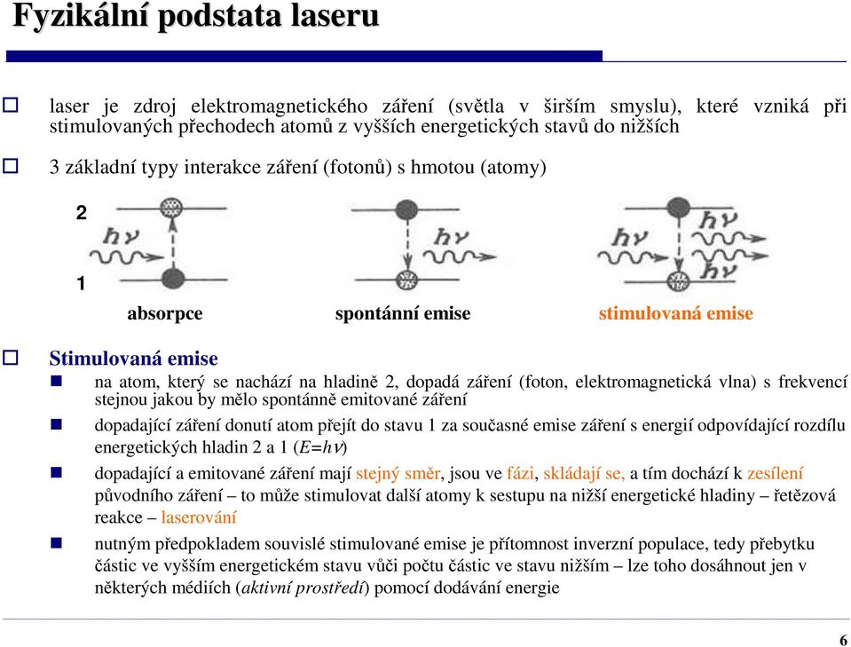 s frekvencí stejnou jakou by mělo spontánně emitované záření dopadající záření donutí atom přejít do stavu 1 za současné emise záření s energií odpovídající rozdílu energetických hladin 2 a 1 (E=hν)